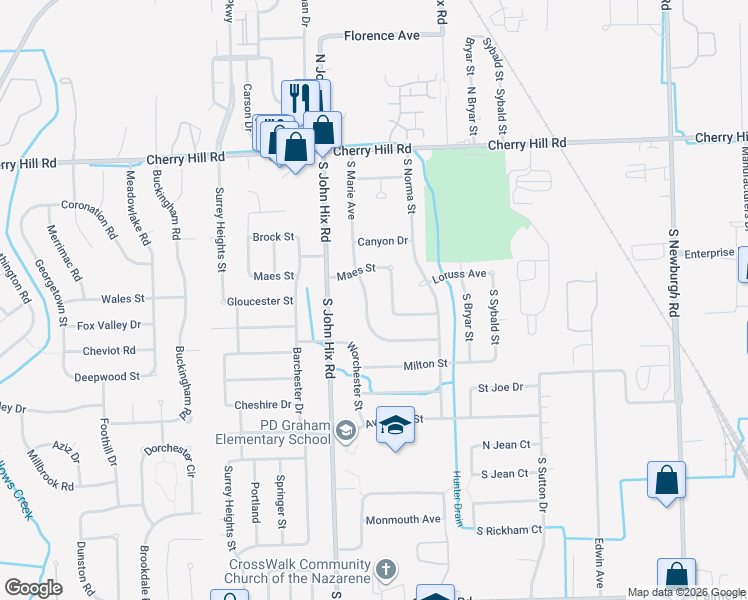 map of restaurants, bars, coffee shops, grocery stores, and more near 443 South Marie Street in Westland