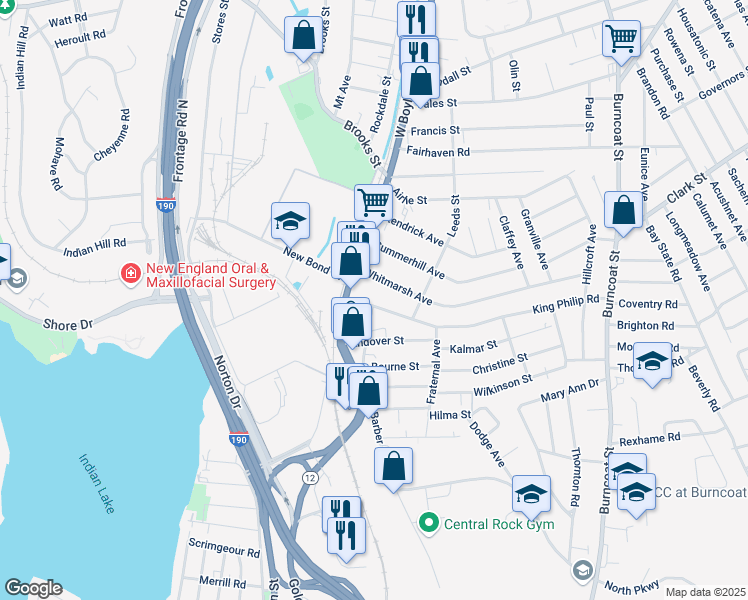 map of restaurants, bars, coffee shops, grocery stores, and more near 19 King Philip Road in Worcester