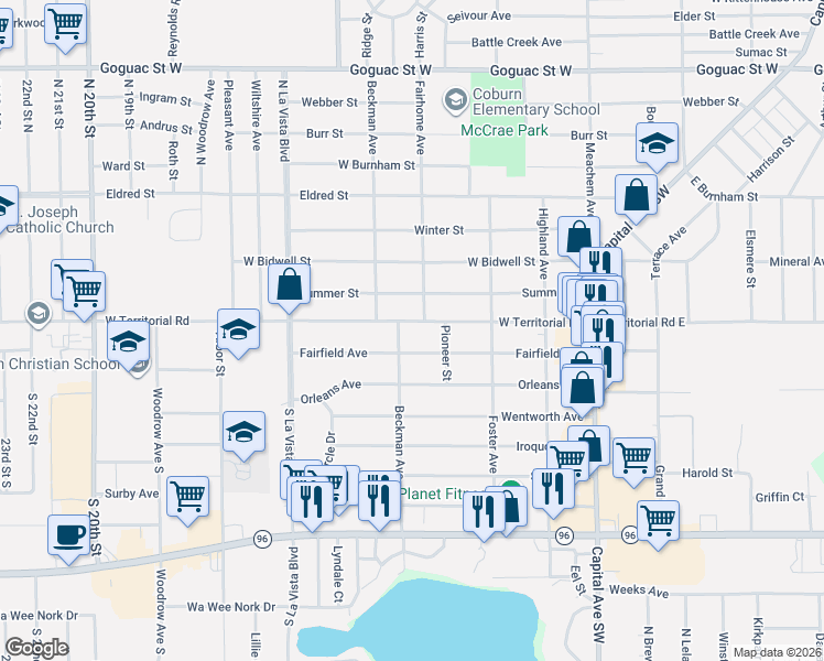 map of restaurants, bars, coffee shops, grocery stores, and more near 419 West Territorial Road in Battle Creek