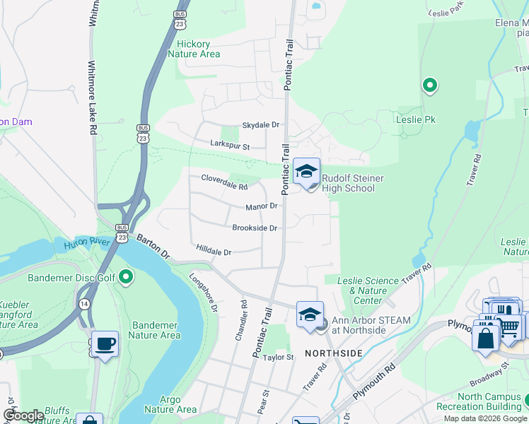 map of restaurants, bars, coffee shops, grocery stores, and more near 634 Manor Drive in Ann Arbor