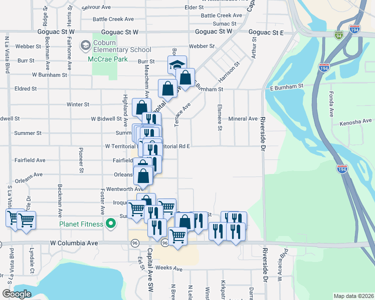 map of restaurants, bars, coffee shops, grocery stores, and more near 68 Territorial Road East in Battle Creek