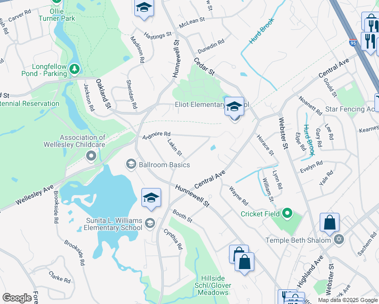 map of restaurants, bars, coffee shops, grocery stores, and more near 47 Taylor Street in Needham