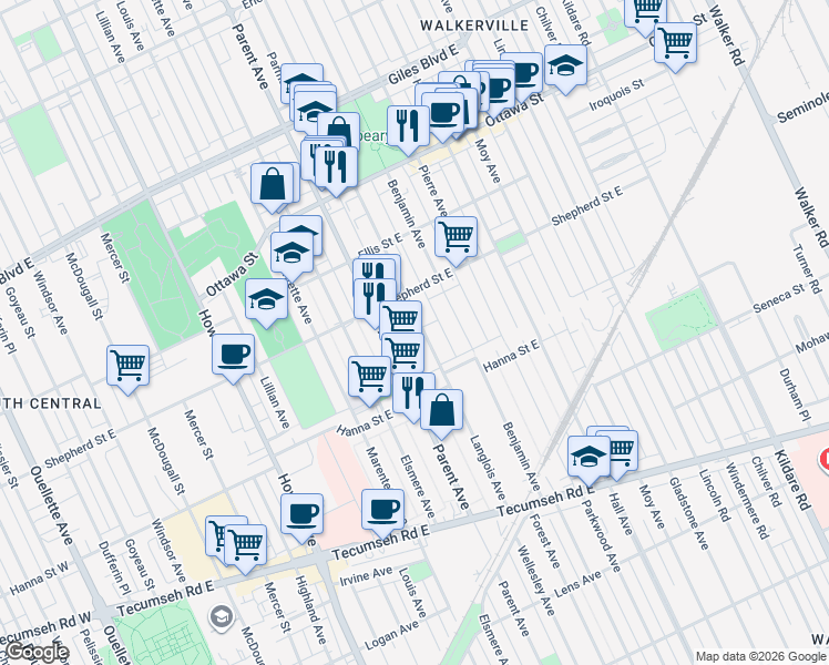 map of restaurants, bars, coffee shops, grocery stores, and more near 1537 Langlois Avenue in Windsor