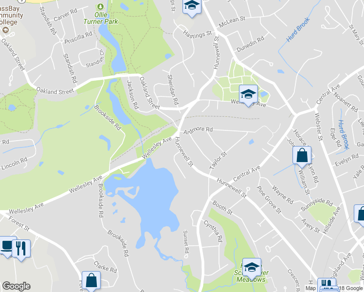 map of restaurants, bars, coffee shops, grocery stores, and more near 38 Hunnewell Street in Needham