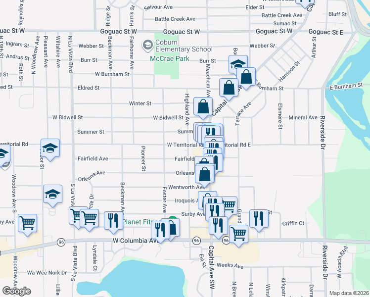 map of restaurants, bars, coffee shops, grocery stores, and more near 205 West Territorial Road in Battle Creek