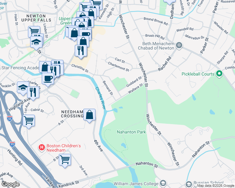 map of restaurants, bars, coffee shops, grocery stores, and more near 181 Christina Street in Newton