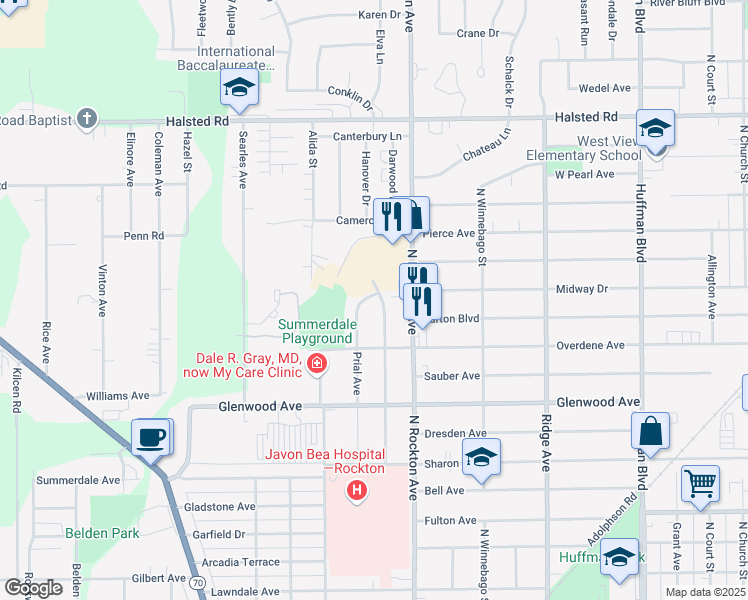 map of restaurants, bars, coffee shops, grocery stores, and more near 3032 Ellen Avenue in Rockford