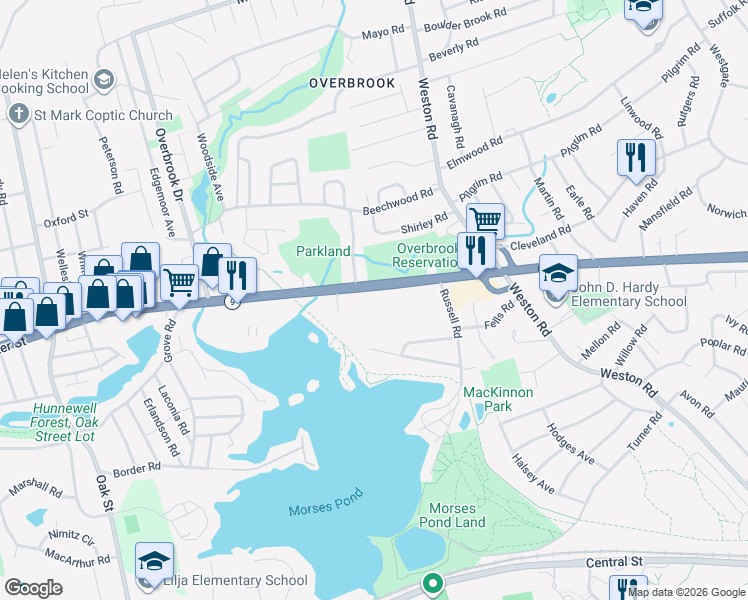 map of restaurants, bars, coffee shops, grocery stores, and more near 900 Worcester Street in Wellesley