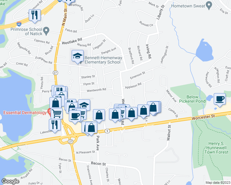 map of restaurants, bars, coffee shops, grocery stores, and more near 5 Terrane Avenue in Natick