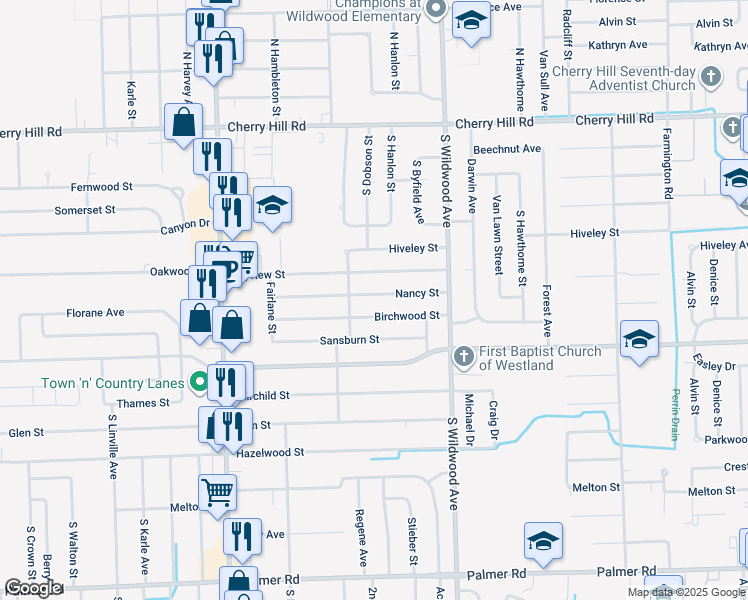 map of restaurants, bars, coffee shops, grocery stores, and more near 34705 Nancy Street in Westland