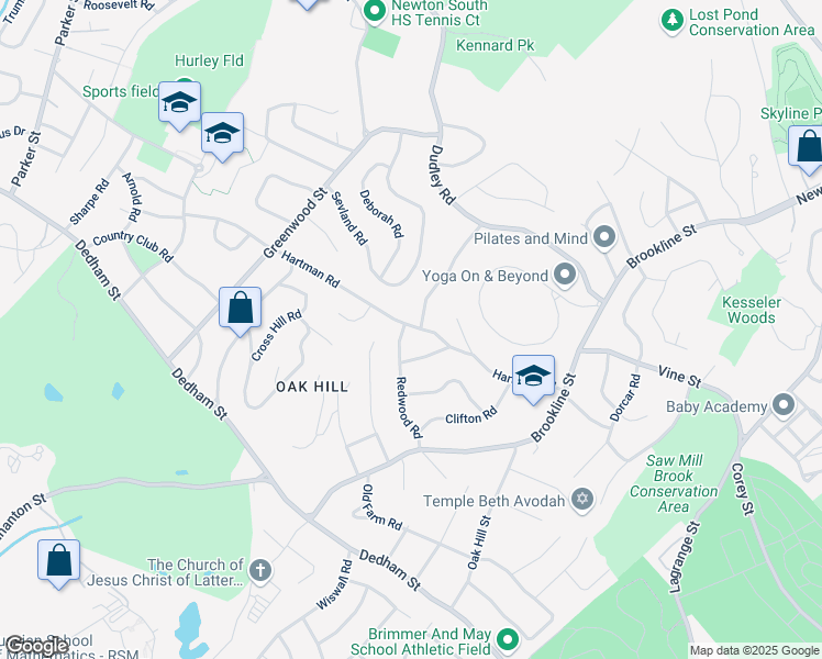 map of restaurants, bars, coffee shops, grocery stores, and more near 215 Hartman Road in Newton