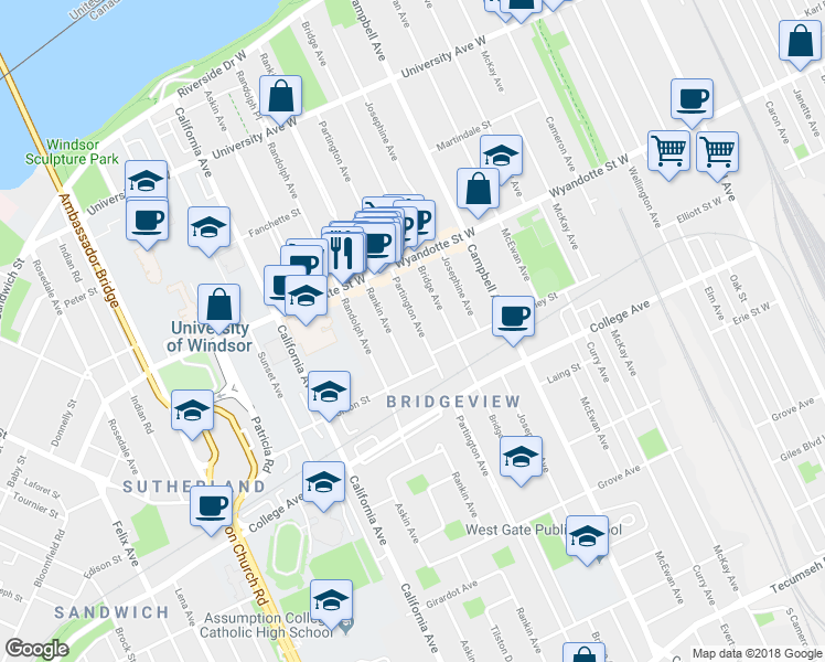 map of restaurants, bars, coffee shops, grocery stores, and more near 733 Partington Avenue in Windsor