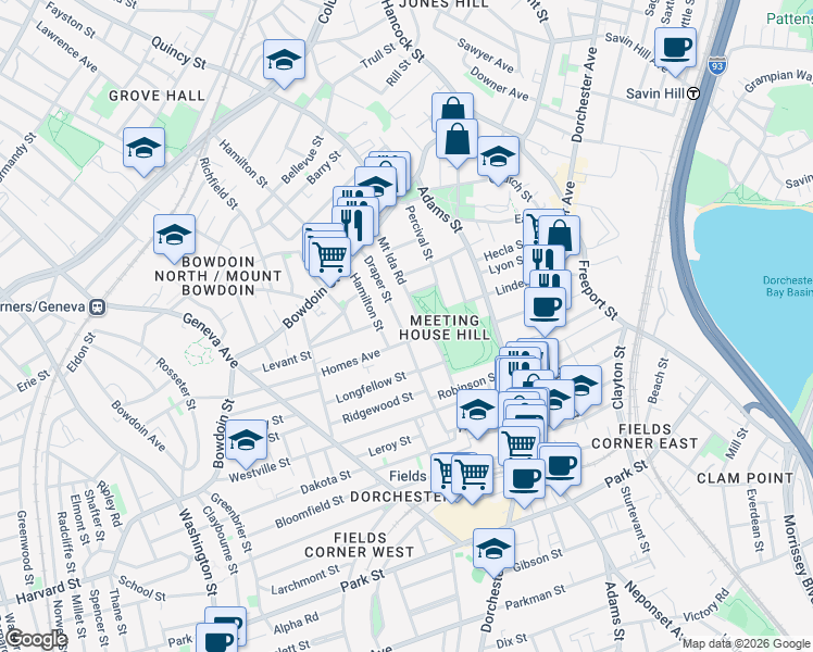 map of restaurants, bars, coffee shops, grocery stores, and more near 91 Draper Street in Boston