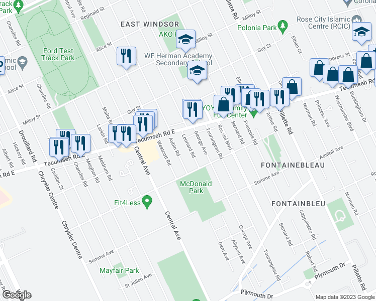map of restaurants, bars, coffee shops, grocery stores, and more near 2347 Leonard Road in Windsor