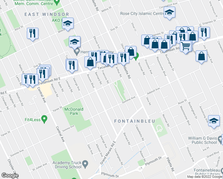 map of restaurants, bars, coffee shops, grocery stores, and more near 2426 Francois Road in Windsor