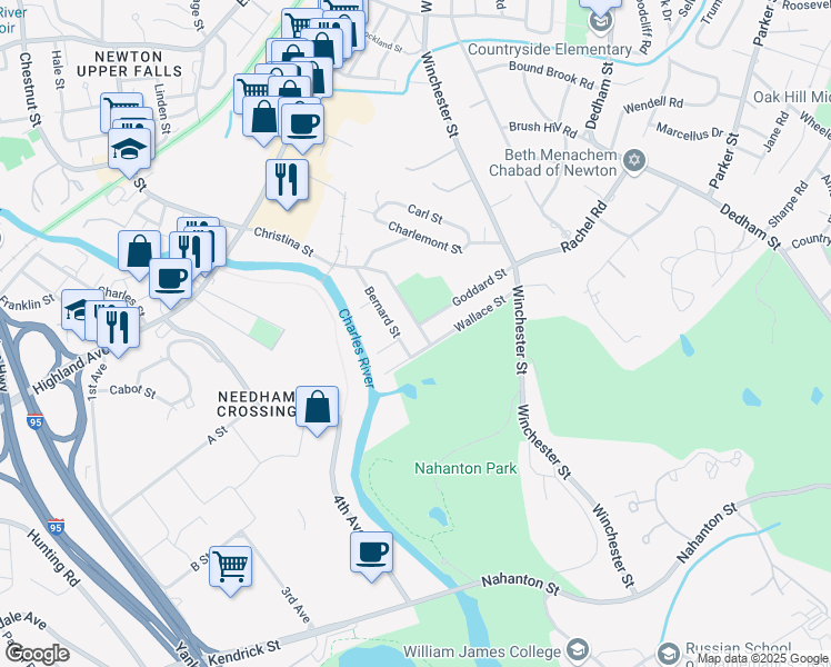 map of restaurants, bars, coffee shops, grocery stores, and more near 181 Christina Street in Newton