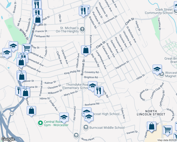 map of restaurants, bars, coffee shops, grocery stores, and more near 11 Coventry Road in Worcester