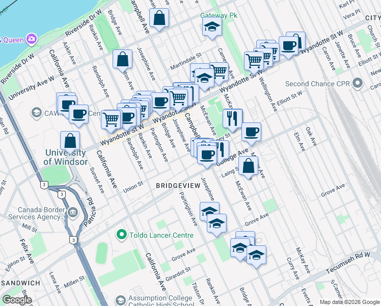 map of restaurants, bars, coffee shops, grocery stores, and more near Josephine Avenue in Windsor