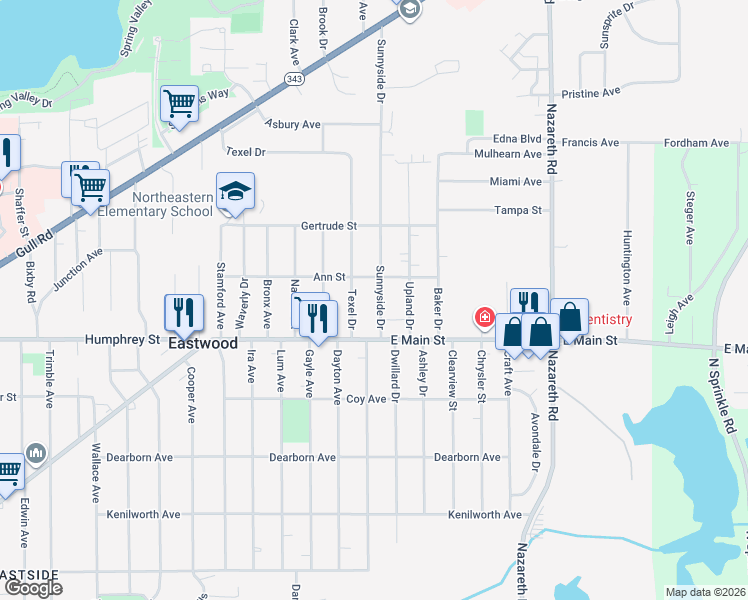 map of restaurants, bars, coffee shops, grocery stores, and more near 1303 Sunnyside Drive in Kalamazoo