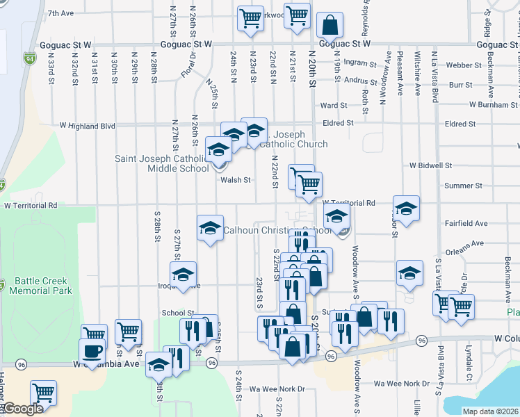map of restaurants, bars, coffee shops, grocery stores, and more near 1243 West Territorial Road in Battle Creek