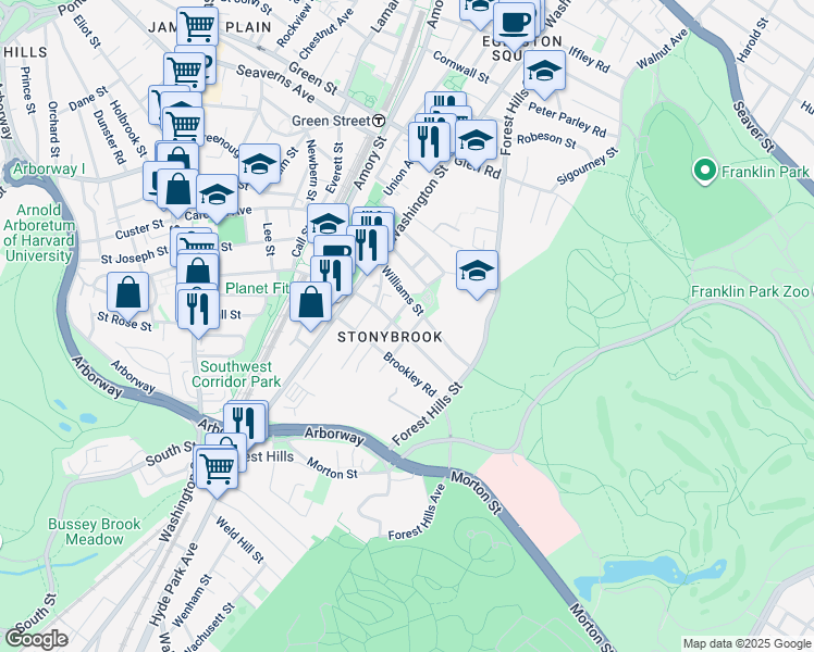 map of restaurants, bars, coffee shops, grocery stores, and more near 10 Plainfield Street in Boston