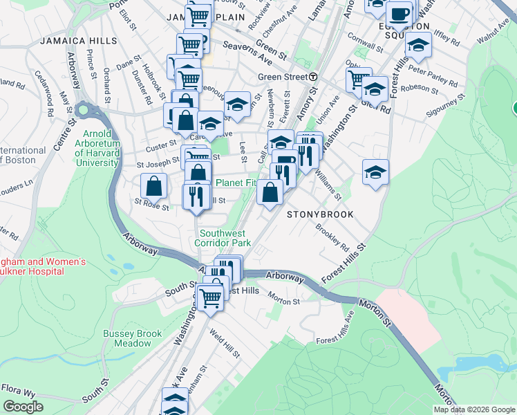 map of restaurants, bars, coffee shops, grocery stores, and more near 44 Burnett Street in Boston