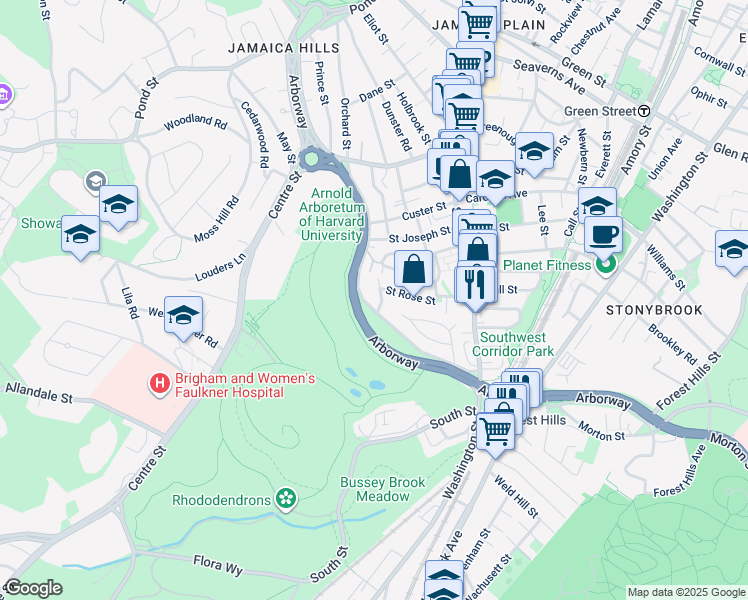 map of restaurants, bars, coffee shops, grocery stores, and more near 266 Arborway in Boston