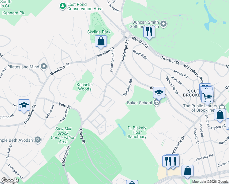 map of restaurants, bars, coffee shops, grocery stores, and more near 140 Rangeley Road in Brookline