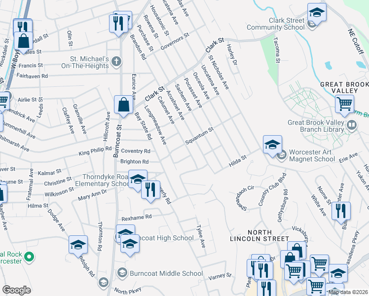 map of restaurants, bars, coffee shops, grocery stores, and more near 14 Squantum Street in Worcester