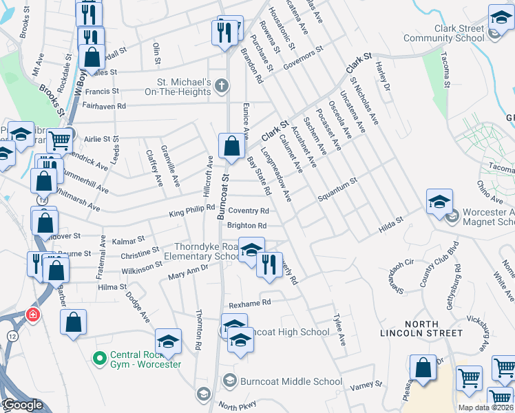 map of restaurants, bars, coffee shops, grocery stores, and more near 35 Coventry Road in Worcester