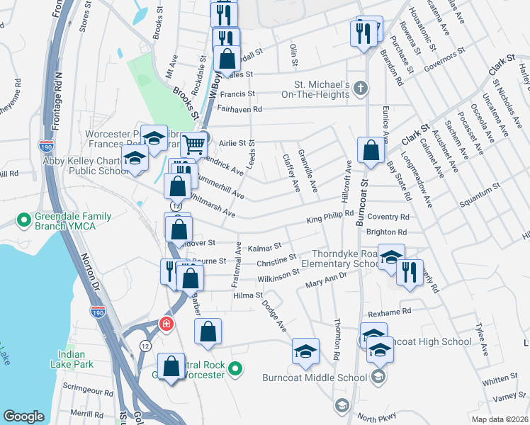 map of restaurants, bars, coffee shops, grocery stores, and more near 87 Whitmarsh Avenue in Worcester