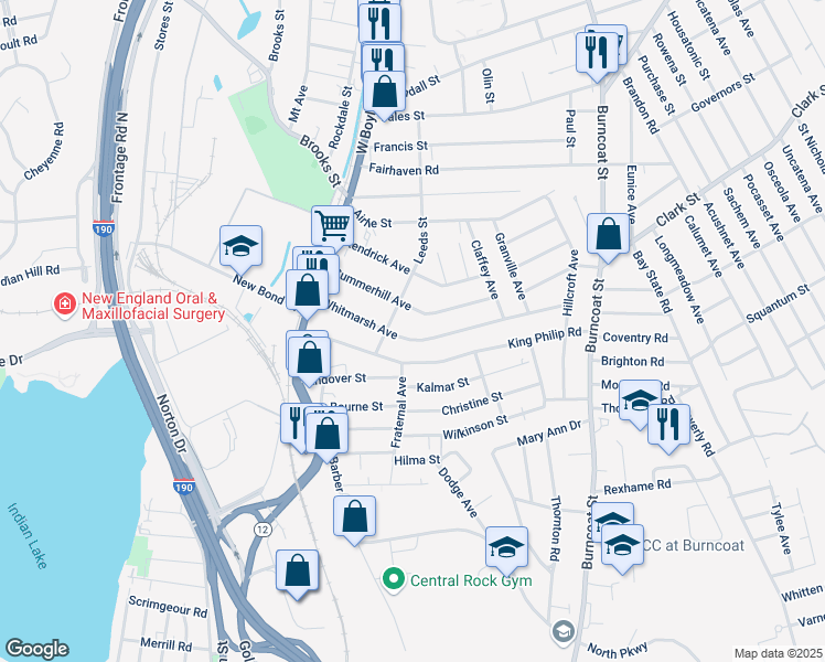 map of restaurants, bars, coffee shops, grocery stores, and more near 87 Whitmarsh Avenue in Worcester