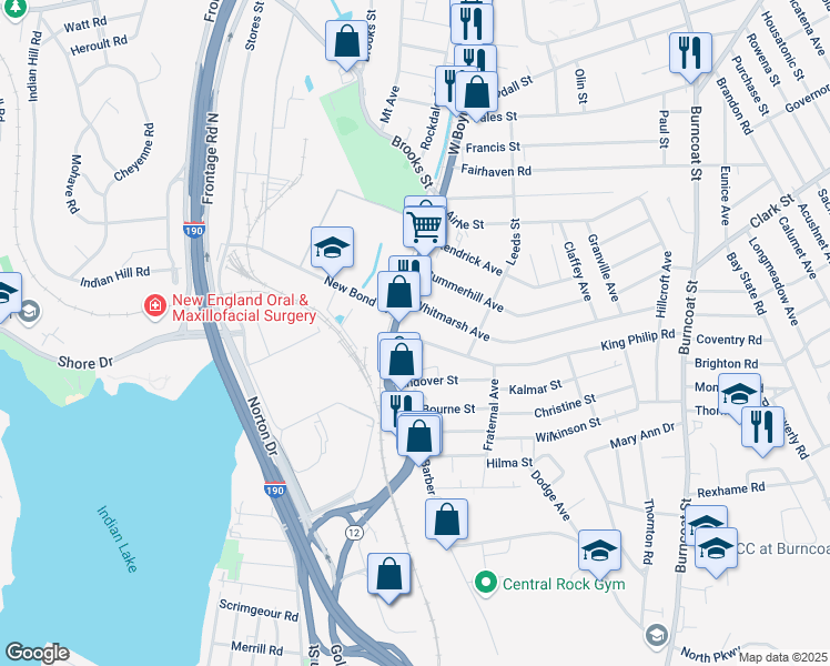 map of restaurants, bars, coffee shops, grocery stores, and more near 5 King Philip Road in Worcester