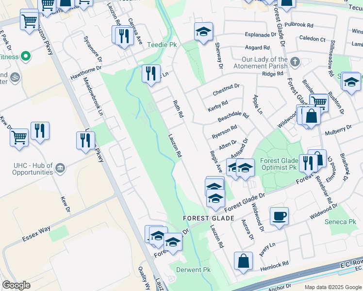 map of restaurants, bars, coffee shops, grocery stores, and more near 3003 Ruth Road in Windsor