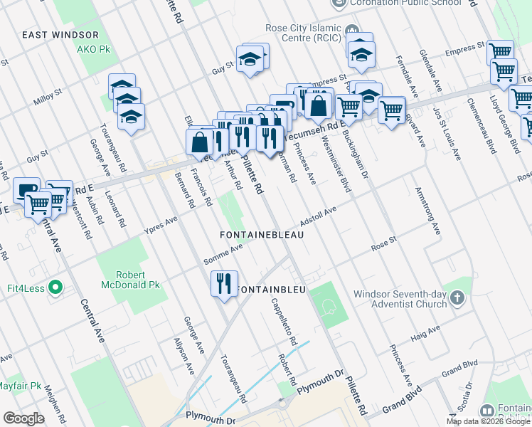 map of restaurants, bars, coffee shops, grocery stores, and more near in Windsor