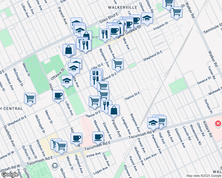 map of restaurants, bars, coffee shops, grocery stores, and more near 1538 Langlois Avenue in Windsor