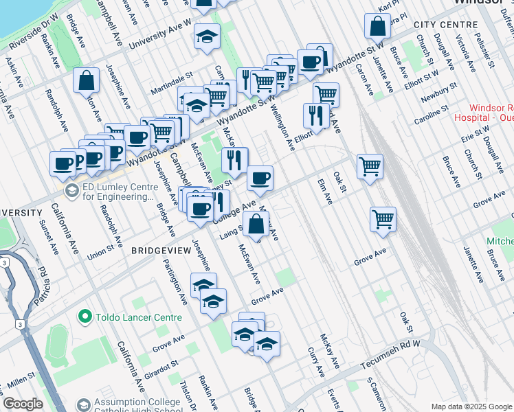 map of restaurants, bars, coffee shops, grocery stores, and more near 911 McKay Avenue in Windsor