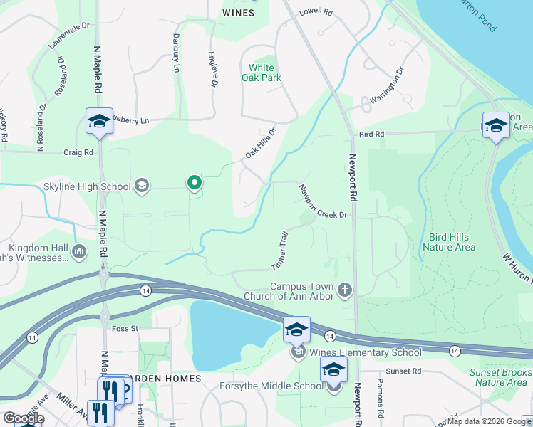 map of restaurants, bars, coffee shops, grocery stores, and more near 1715 Newport Creek Drive in Ann Arbor