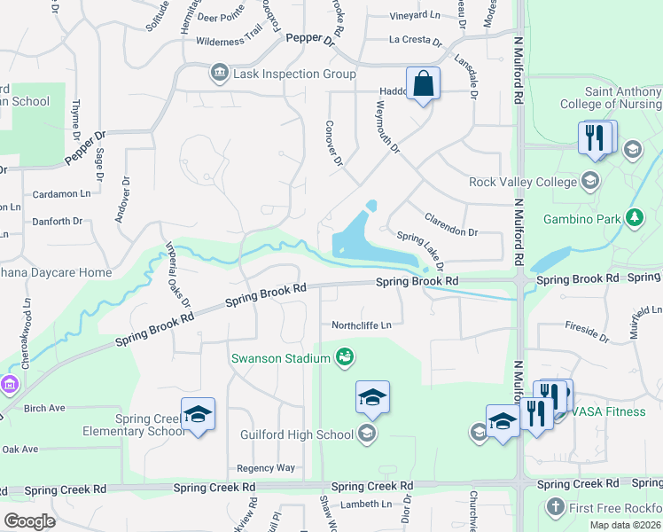 map of restaurants, bars, coffee shops, grocery stores, and more near 5548 Spring Brook Road in Rockford