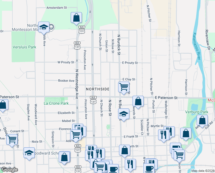 map of restaurants, bars, coffee shops, grocery stores, and more near 1357 North Rose Street in Kalamazoo