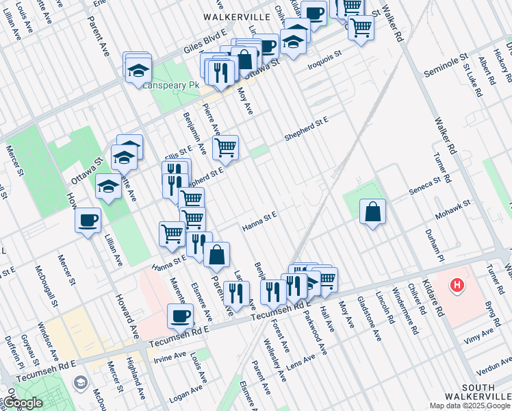 map of restaurants, bars, coffee shops, grocery stores, and more near 1576 Pierre Avenue in Windsor