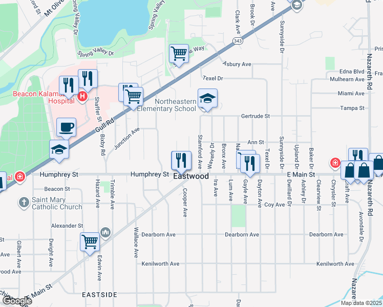 map of restaurants, bars, coffee shops, grocery stores, and more near 1302 Wayside Road in Kalamazoo