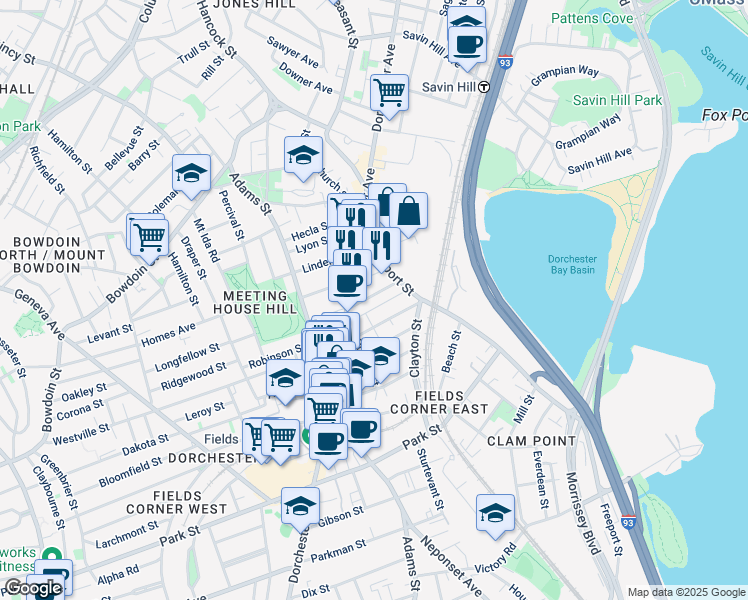 map of restaurants, bars, coffee shops, grocery stores, and more near 25 Kimball Street in Boston