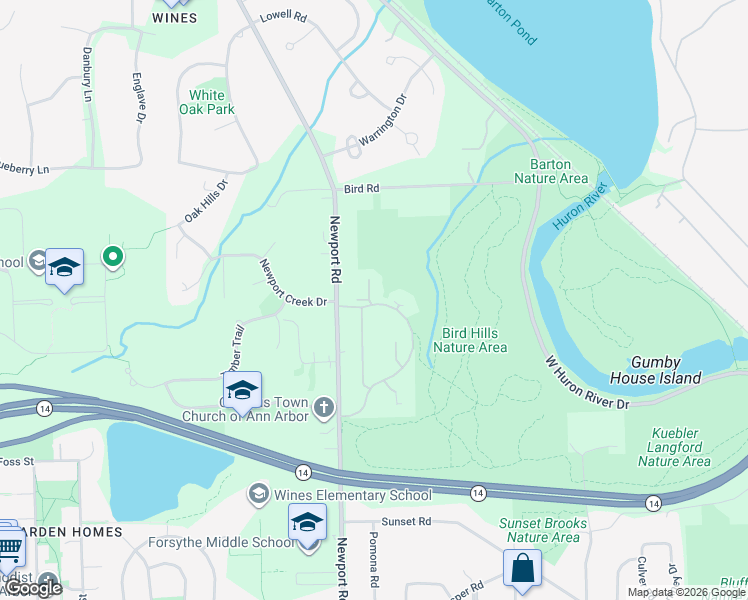 map of restaurants, bars, coffee shops, grocery stores, and more near 2210 Rivenoak Court in Ann Arbor