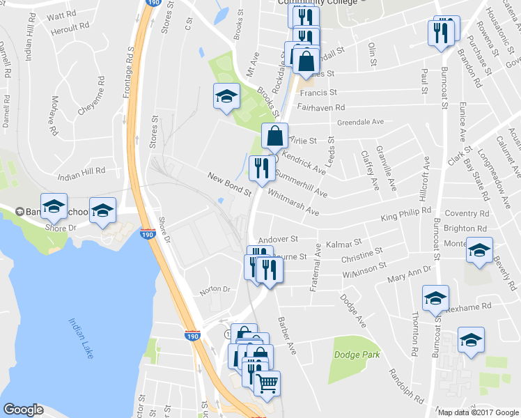 map of restaurants, bars, coffee shops, grocery stores, and more near 5 King Philip Road in Worcester