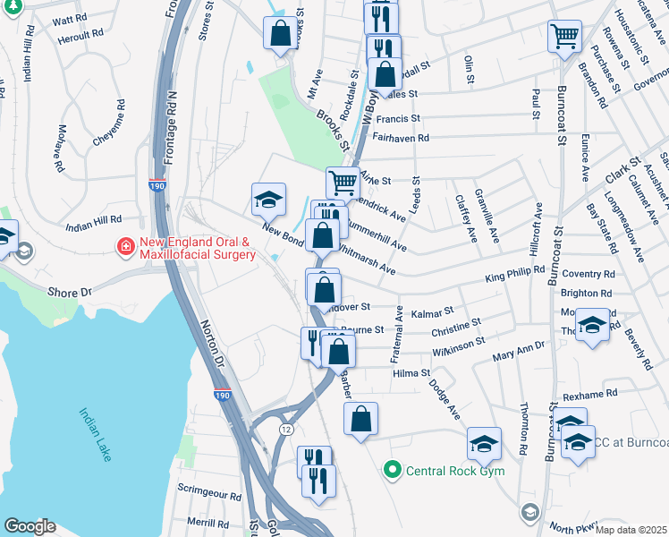 map of restaurants, bars, coffee shops, grocery stores, and more near 5 King Philip Road in Worcester