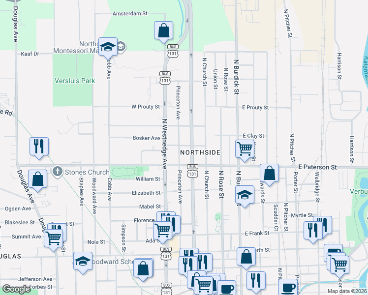 map of restaurants, bars, coffee shops, grocery stores, and more near 415 Bessie Street in Kalamazoo