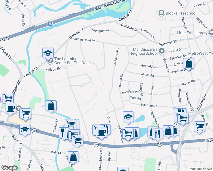 map of restaurants, bars, coffee shops, grocery stores, and more near 46 Crestwood Drive in Framingham