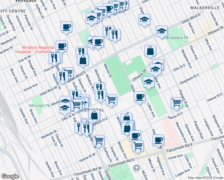 map of restaurants, bars, coffee shops, grocery stores, and more near in Windsor