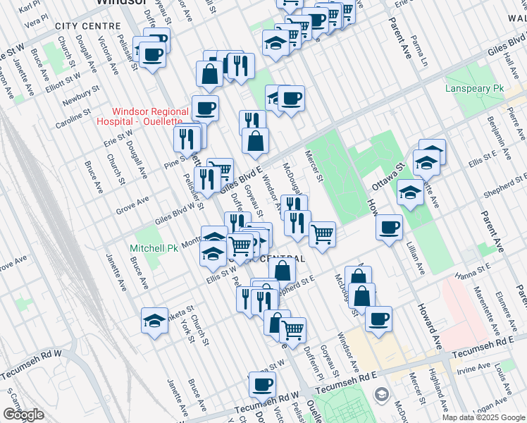 map of restaurants, bars, coffee shops, grocery stores, and more near 1310 Goyeau Street in Windsor